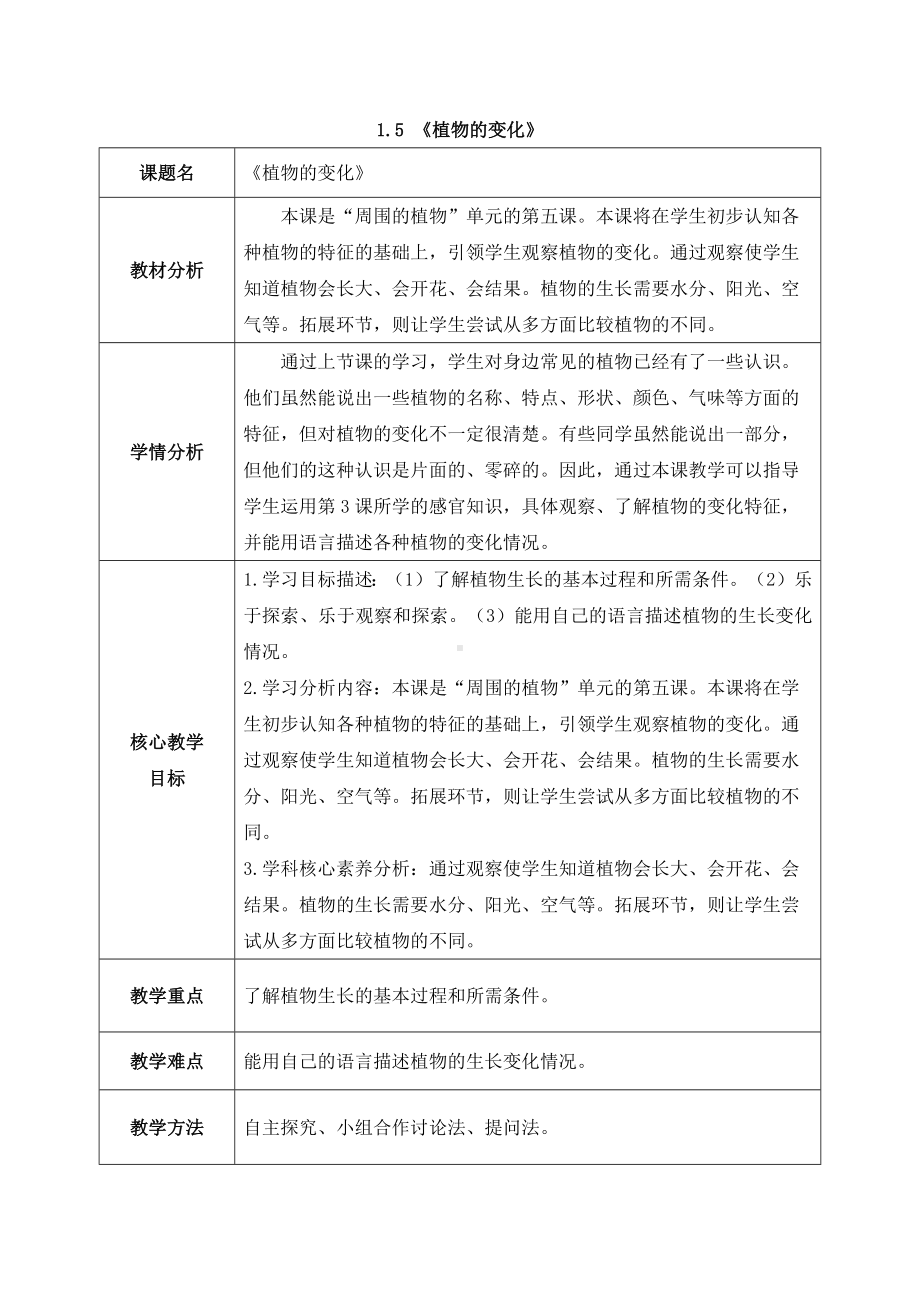 2024新教科版一年级科学上册第一单元1.5《植物的变化》教案.docx_第1页