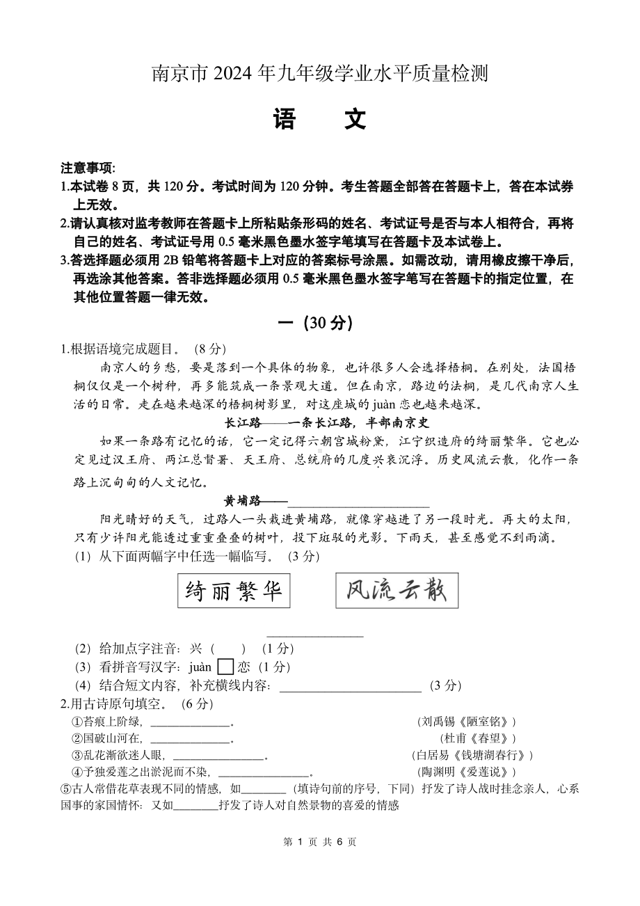 2024年江苏省南京市中考学业水平质量检测语文试卷 - 副本.pdf_第1页