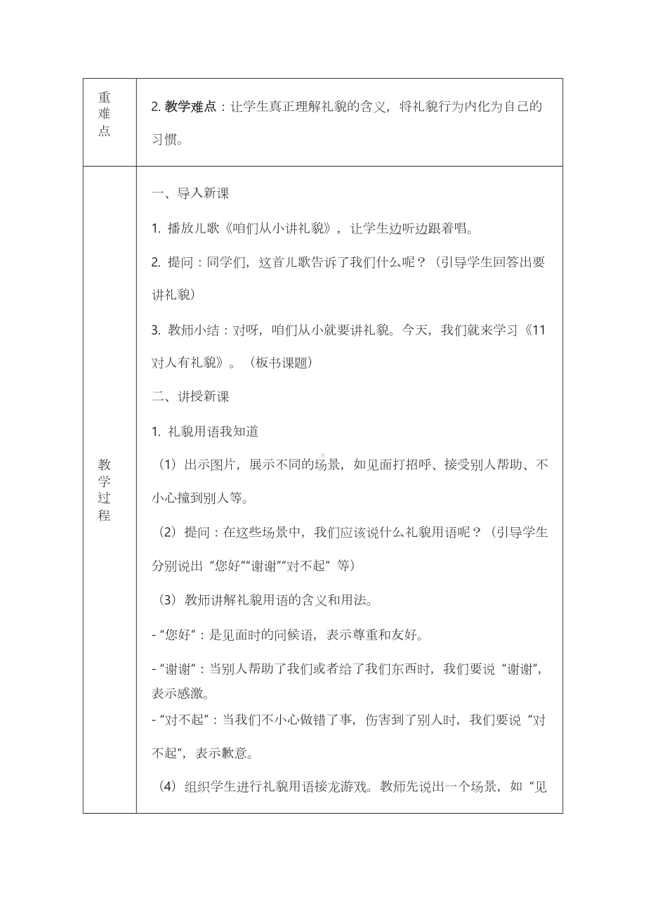 3.11《对人有礼貌》教学设计（表格式）-2024新道德与法治一年级上册.docx_第2页