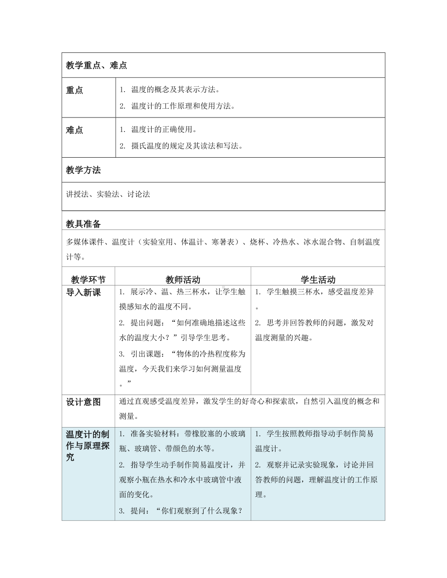 2024新人教版八年级上册《物理》[核心素养目标]第三章 物态变化第1节 温度（教学设计）（表格式）.docx_第2页