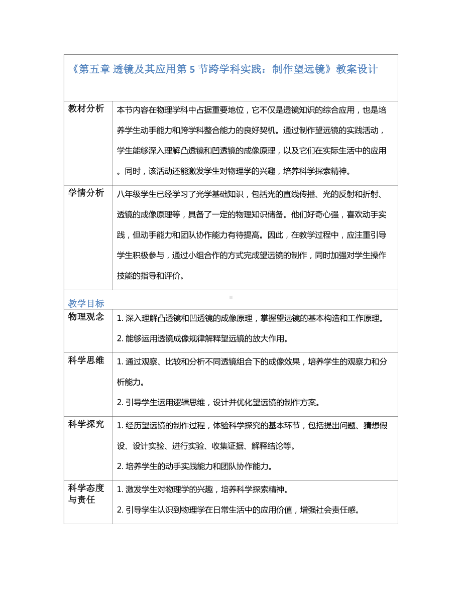 2024新人教版八年级上册《物理》[核心素养目标]第五章 透镜及其应用第第5节跨学科实践：制作望远镜（教案）（表格式）.docx_第1页