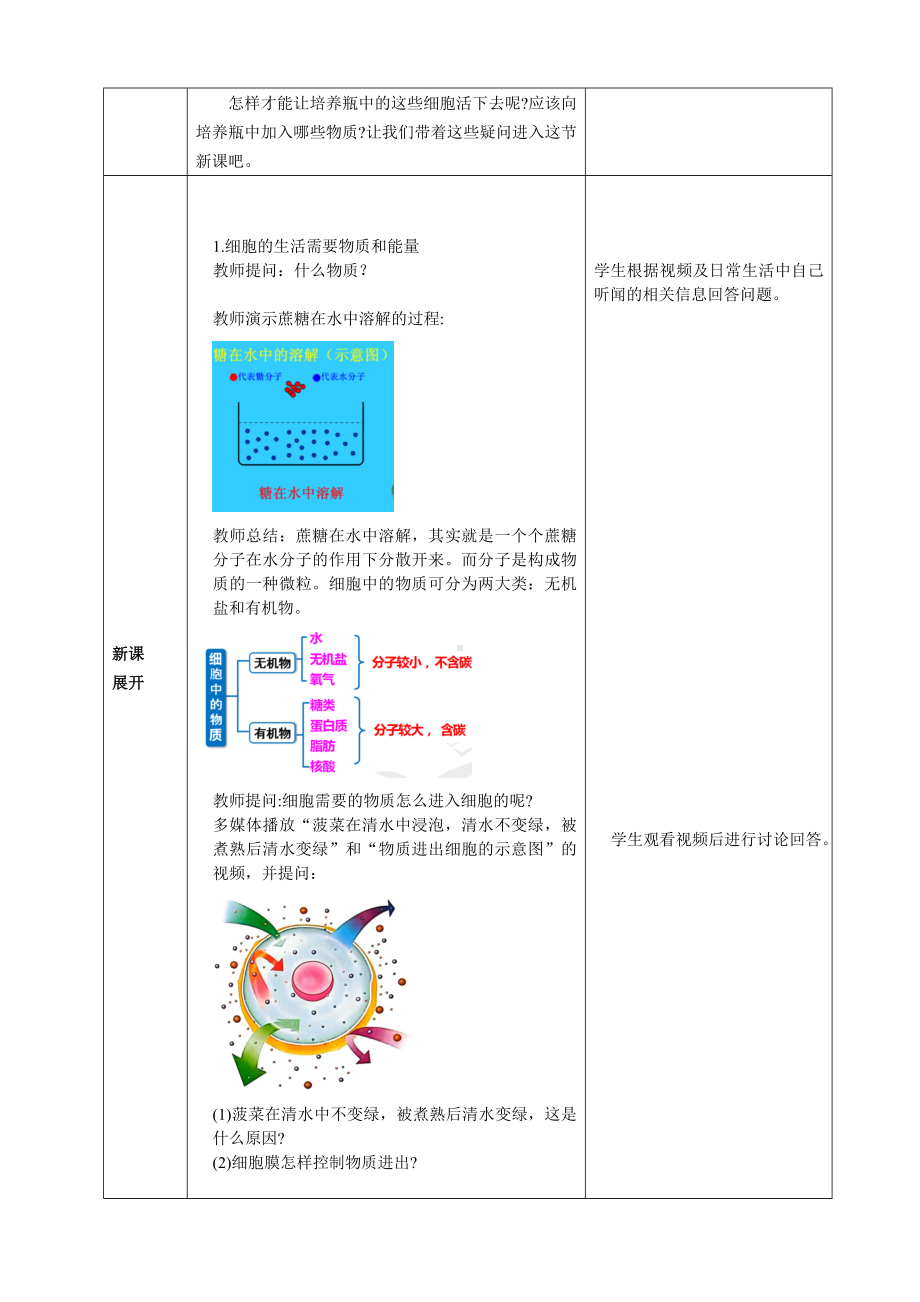 [核心素养目标]1.2.4细胞的生活教案（表格式）-2024新人教版七年级上册《生物》.docx_第2页