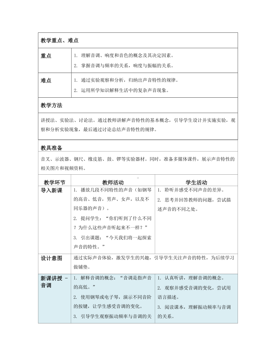 2024新人教版八年级上册《物理》[核心素养目标]第二章 声现象第2节 声音的特性（教学设计）（表格式）.docx_第2页