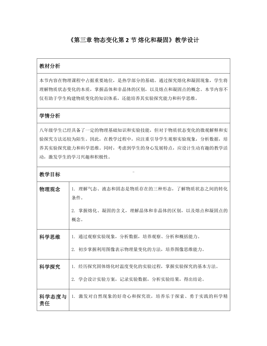 2024新人教版八年级上册《物理》[核心素养目标]第三章 物态变化第2节 熔化和凝固（教学设计）（表格式）.docx_第1页