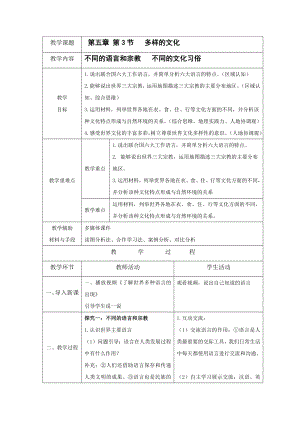 [核心素养]5.3《多样的文化》教案（表格式）-2024新人教版七年级上册《地理》.docx