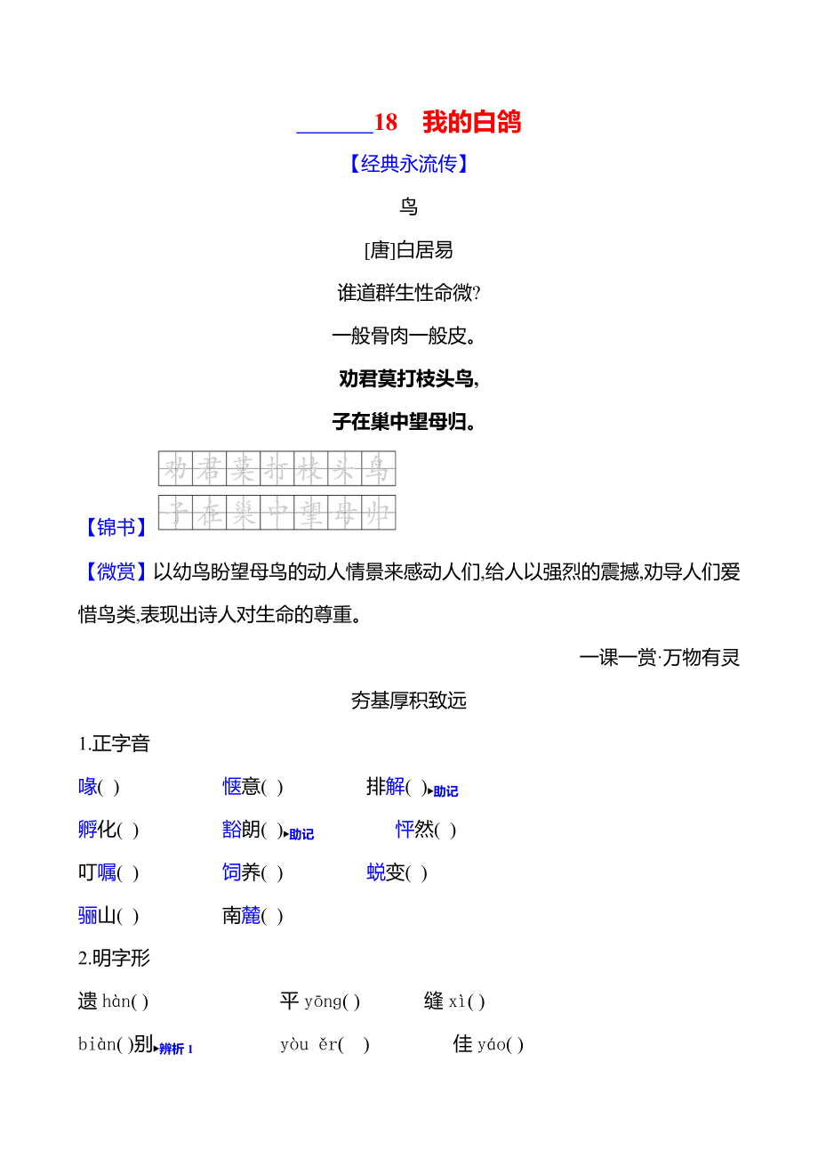 18　我的白鸽课时作业 （含答案）-2024统编版七年级上册《语文》.rar