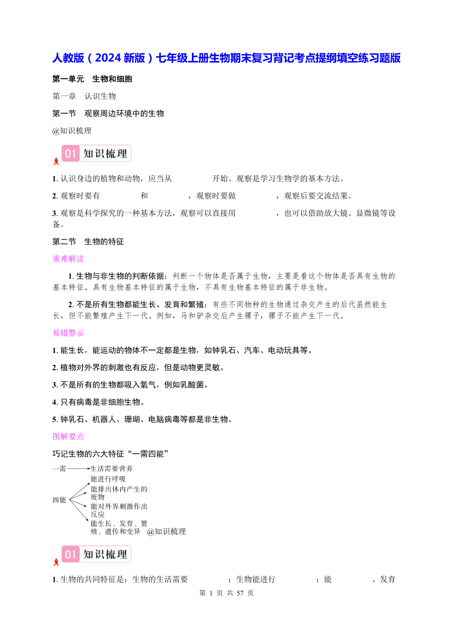 人教版（2024新版）七年级上册生物期末复习背记考点提纲填空练习题版（含答案）.docx_第1页