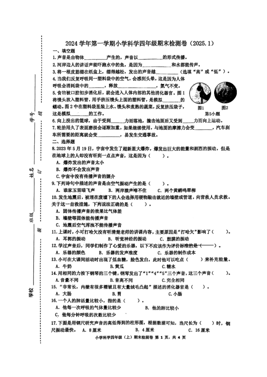 2024学年第一学期小学科学四年级期末检测卷（2025. 1）.docx_第1页