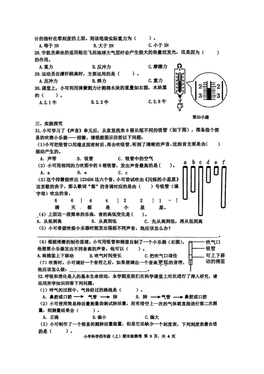 2024学年第一学期小学科学四年级期末检测卷（2025. 1）.docx_第3页