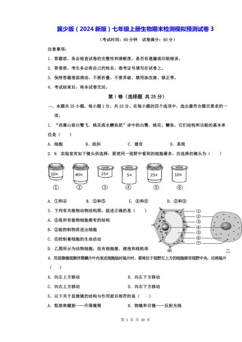 冀少版（2024新版）七年级上册生物期末检测模拟预测试卷3（含答案）.docx