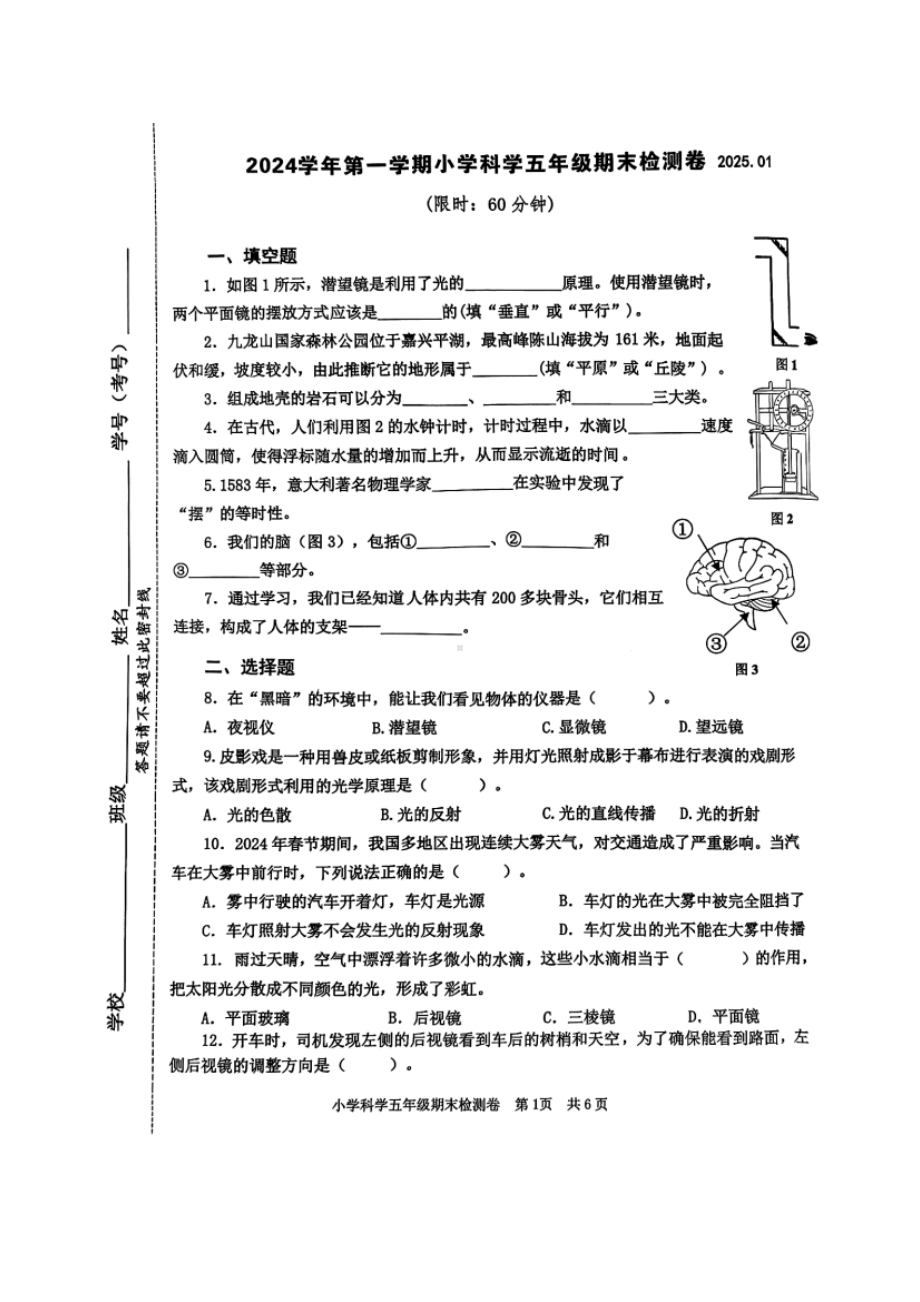 2024学年第一学期小学科学五年级期末检测卷2025.01.docx_第1页