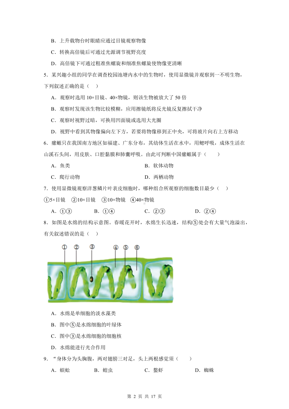 冀少版（2024）七年级上册生物期末复习：选择题 专题练习题（含答案）.docx_第2页