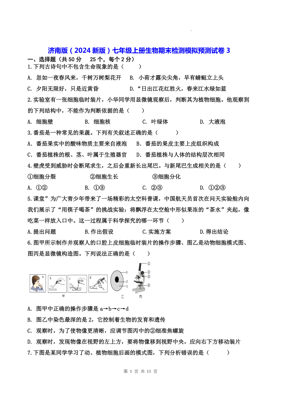 济南版（2024新版）七年级上册生物期末检测模拟预测试卷3（含答案）.docx_第1页