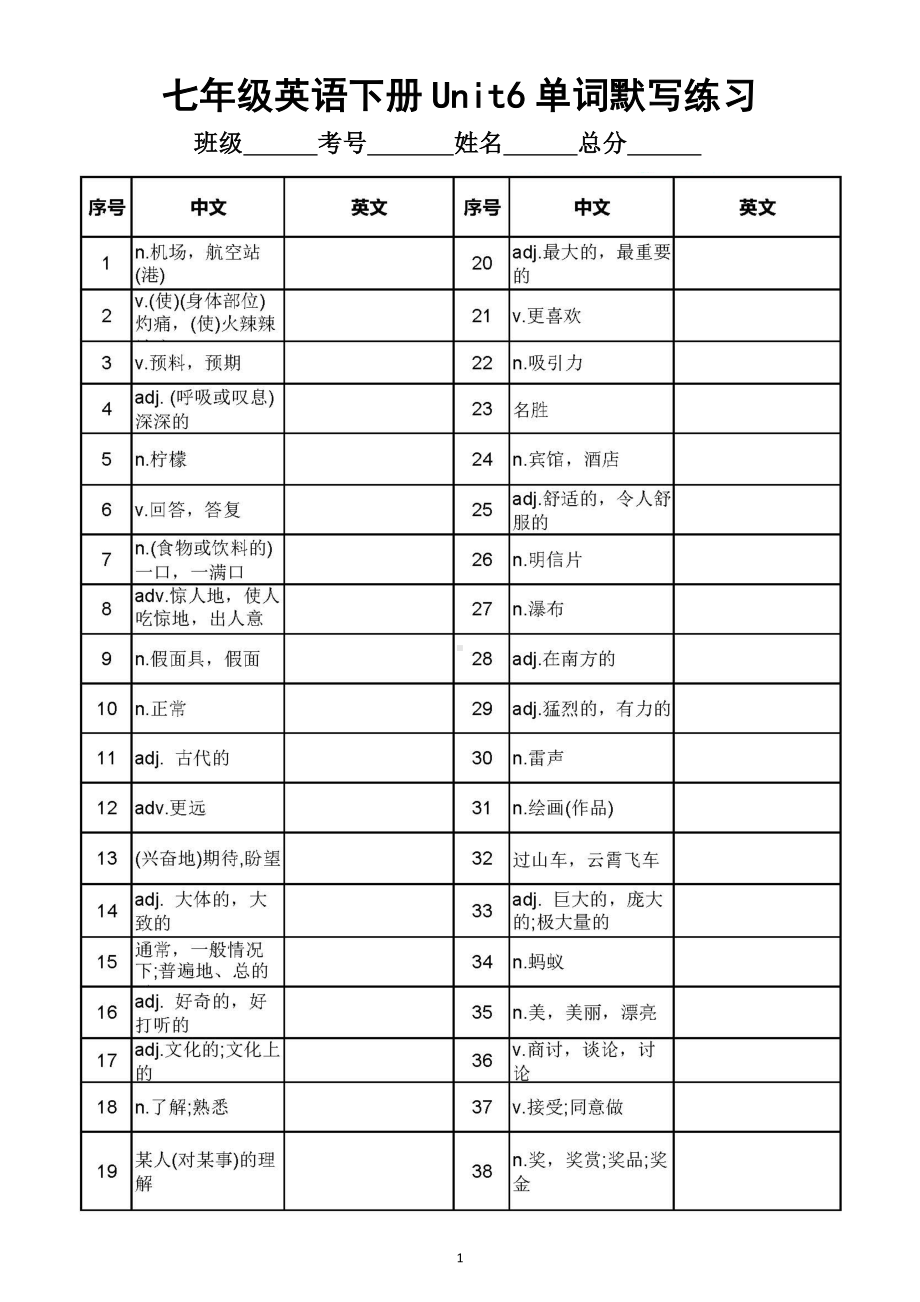 初中英语新外研版七年级下册Unit 6单词默写练习（附参考答案）（2025春）.doc_第1页