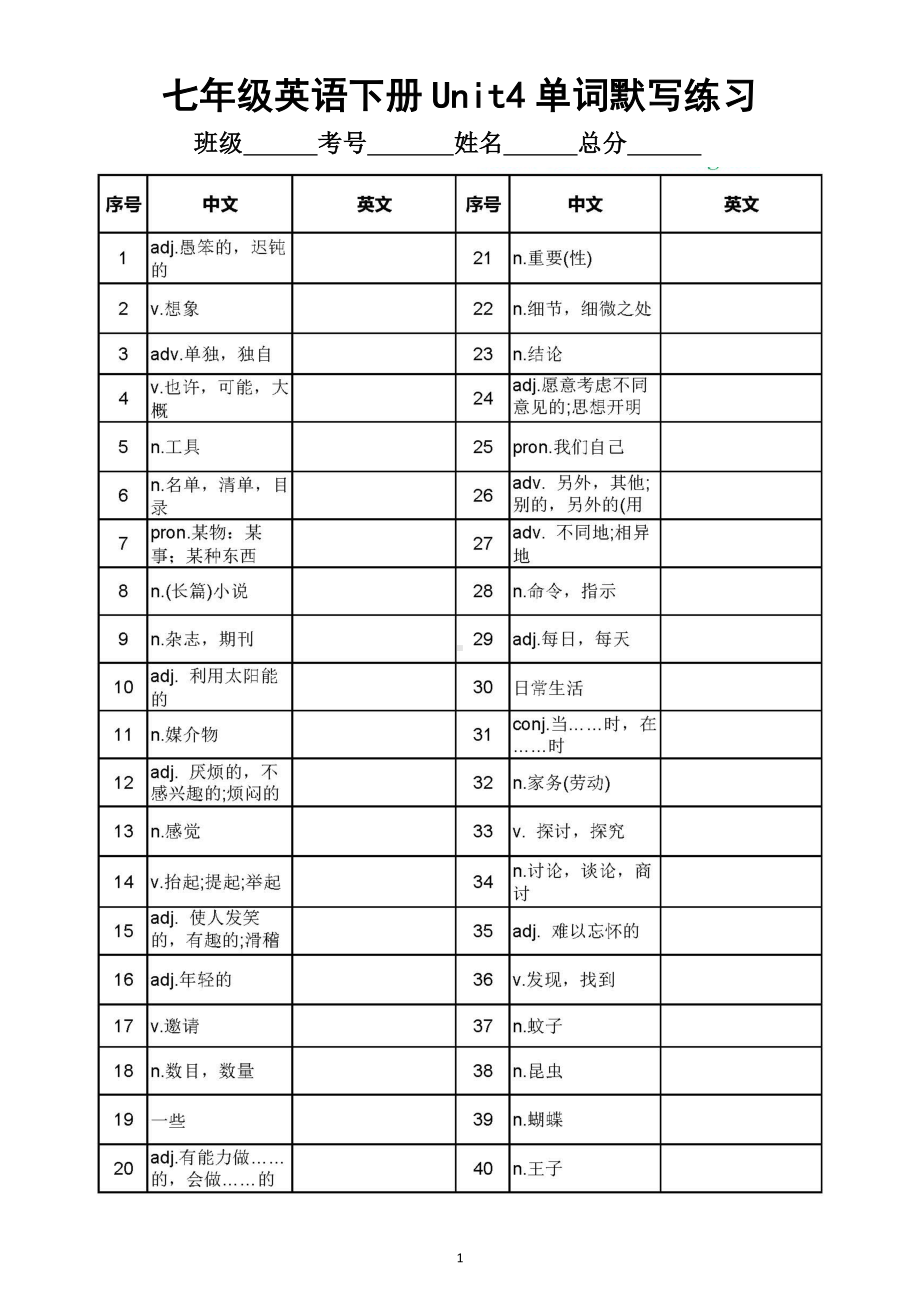 初中英语新外研版七年级下册Unit 4单词默写练习（附参考答案）（2025春）.doc_第1页