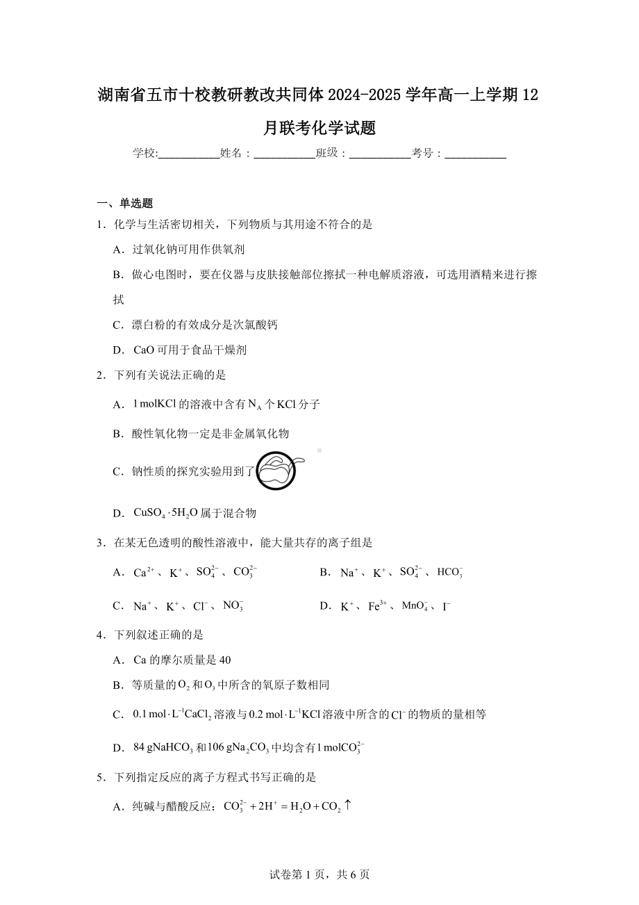 湖南省五市十校教研教改共同体2024-2025学年高一上学期12月联考化学试题.docx_第1页