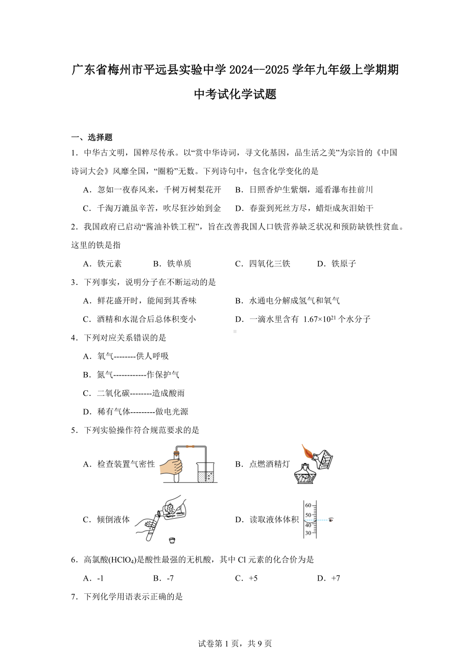 广东省梅州市平远县实验中学2024--2025学年九年级上学期期中考试化学试题.docx_第1页