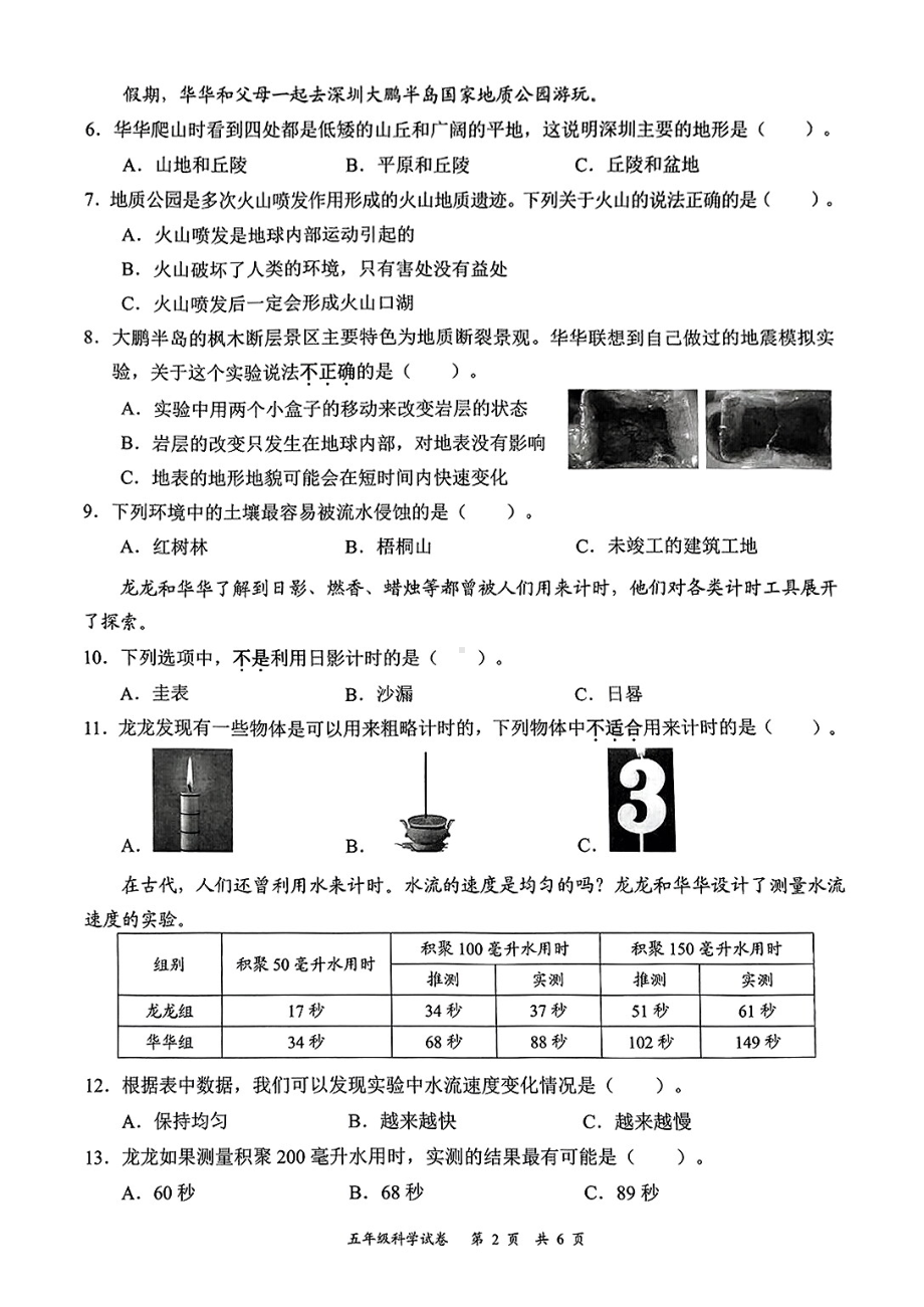 广东省深圳市龙华区2024-2025学年度第一学期期末质量测试五年级科学试卷.pdf_第2页