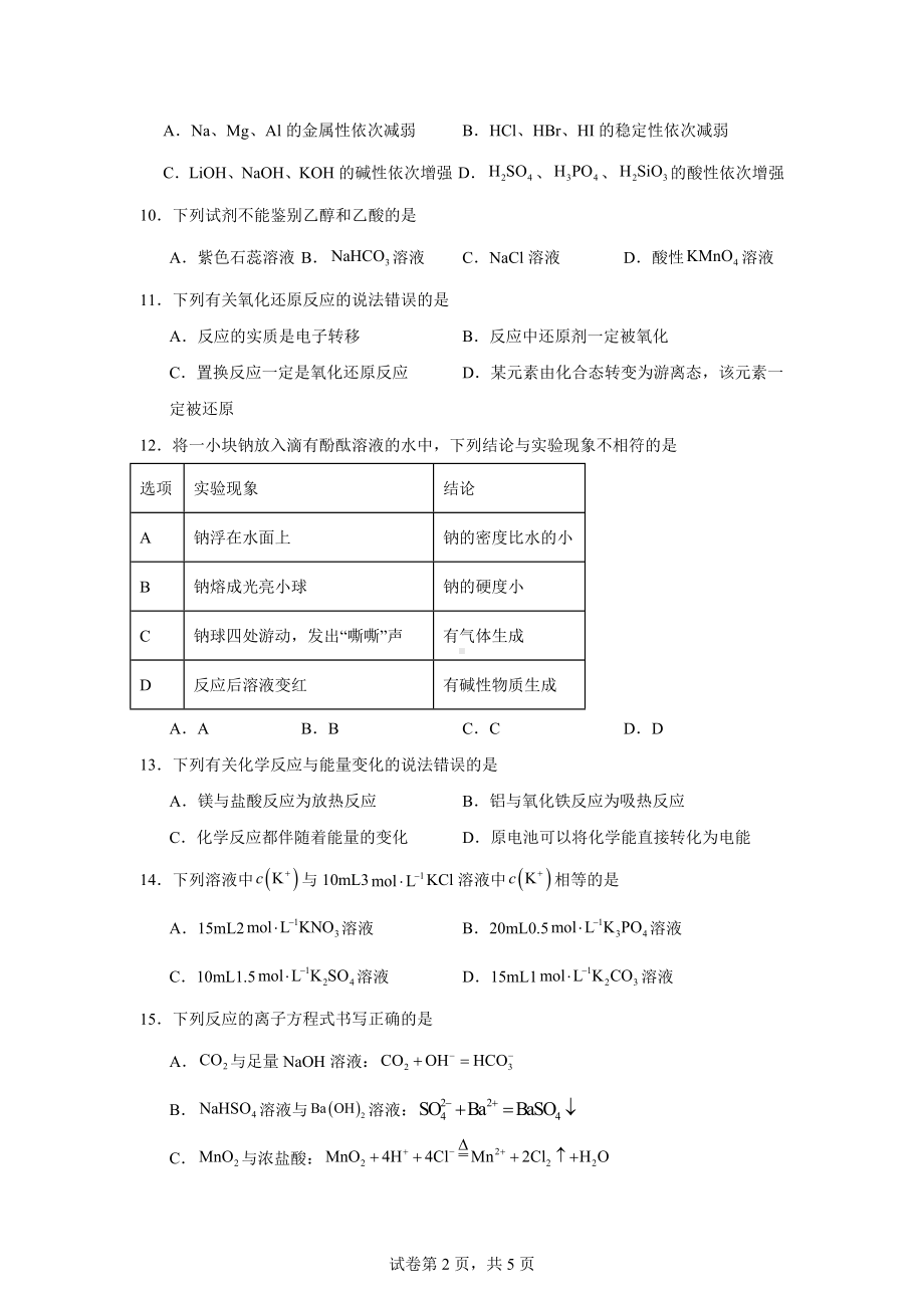 山东省2023年普通高中学业水平合格考试化学试题.docx_第2页