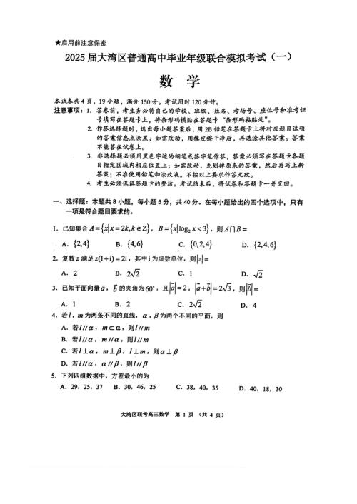 广东大湾区2025届高三1月联合模拟考试（一）数学试卷及答案.pdf