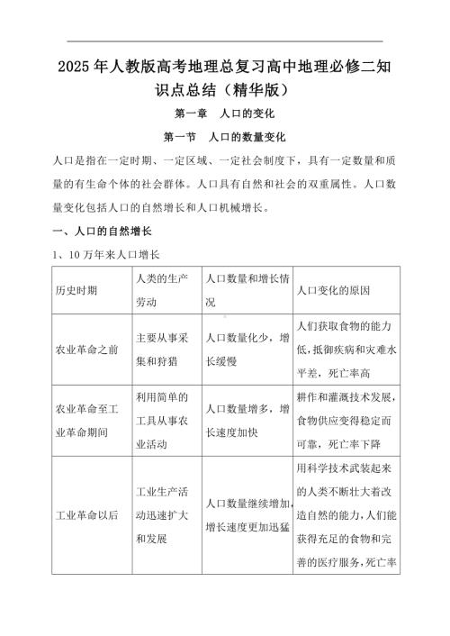 2025年人教版高考地理总复习高中地理必修二知识点总结（精华版）.docx