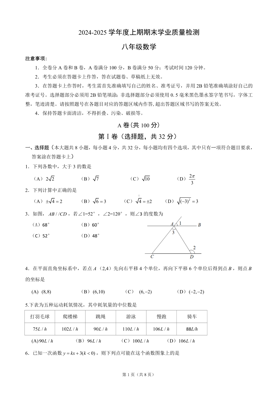 2024-2025学年成都高新区八上数学期末考试试卷（含答案）.docx_第1页