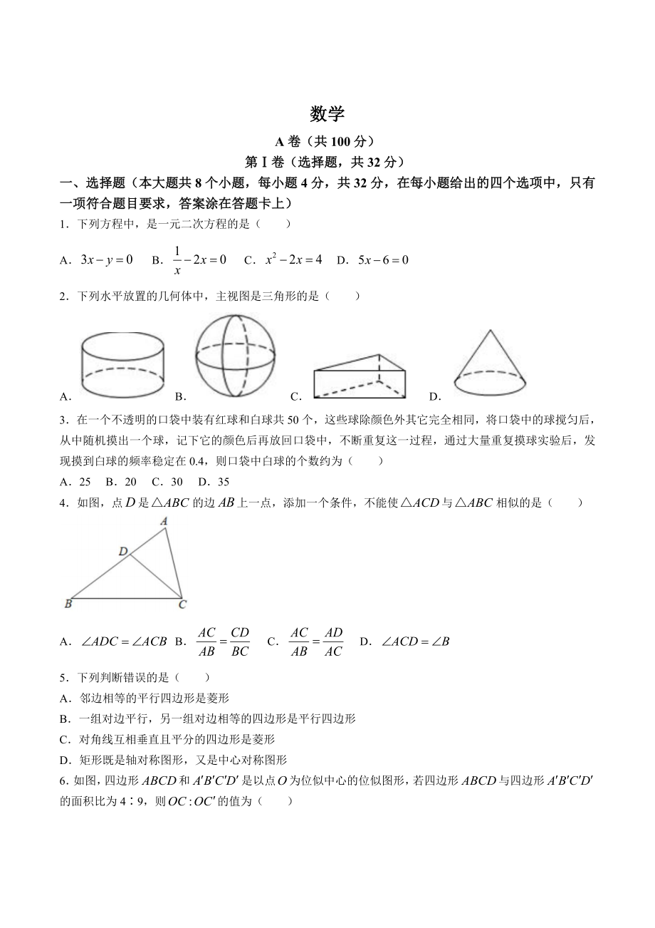 四川省成都市天府新区2024届九年级上学期期末考试数学试卷(含答案).doc_第1页