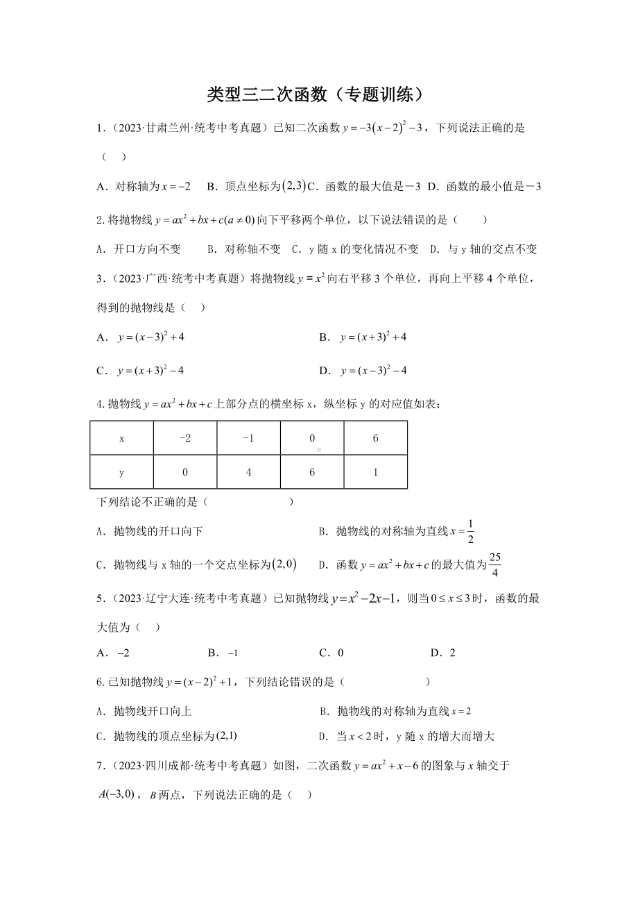 2024年中考数学二轮题型突破题型7 函数的基本性质 类型32次函数45题（专题训练）（学生版）.docx_第1页