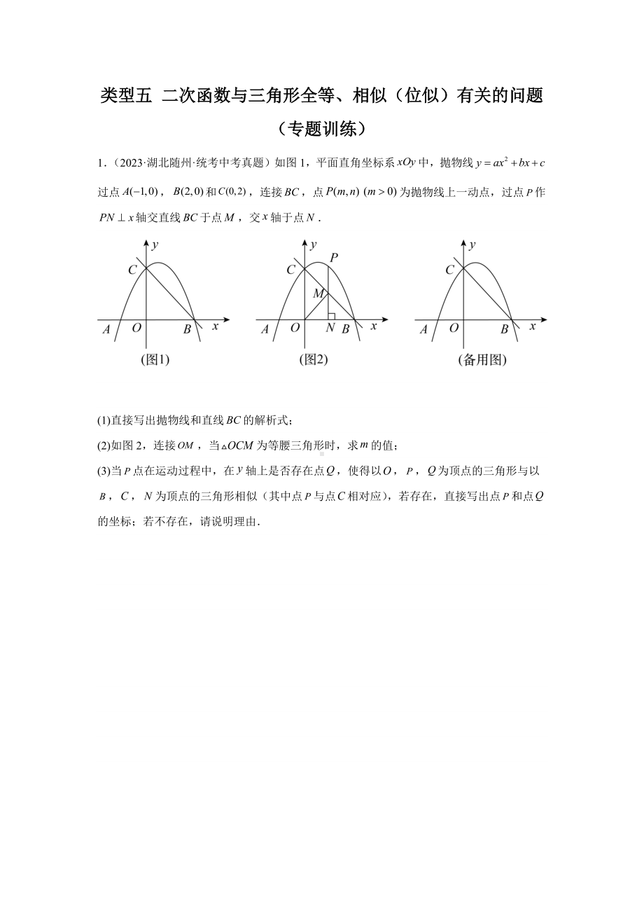 2024年中考数学二轮题型突破题型9 二次函数综合题 类型5 二次函数与三角形全等、相似（位似）有关的问题（专题训练）（学生版）.docx_第1页