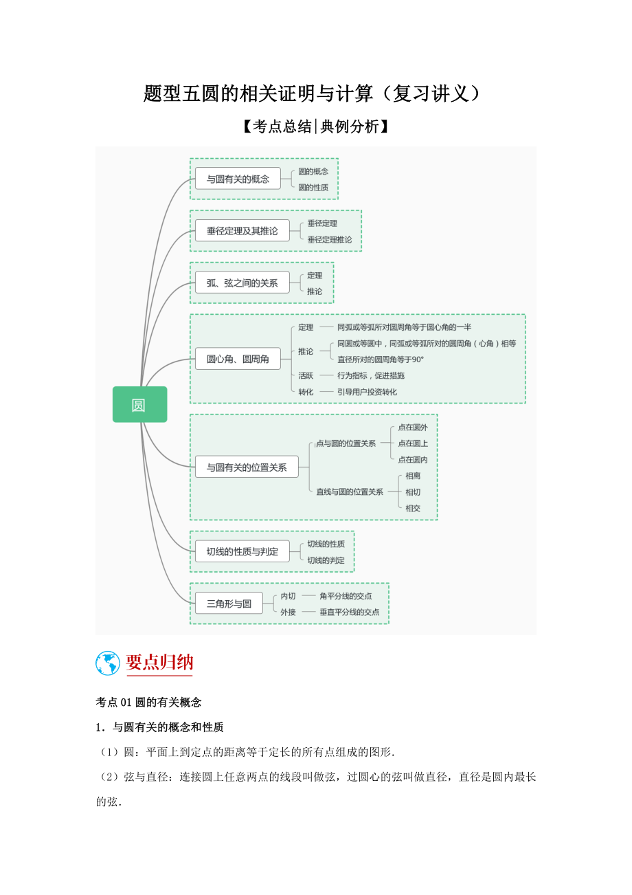 2024年中考数学二轮题型突破题型5 圆的相关证明与计算（复习讲义）（教师版）.docx_第1页