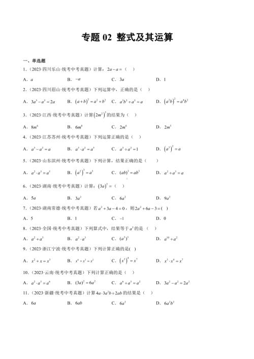 2023年中考数学真题分项汇编 专题02 整式及其运算（原卷版）.docx