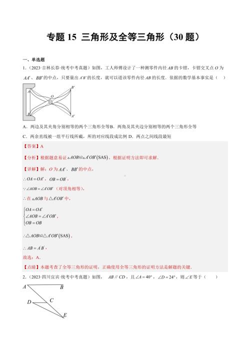 2023年中考数学真题分项汇编 专题15 三角形及全等三角形（共30题）（解析版）.docx