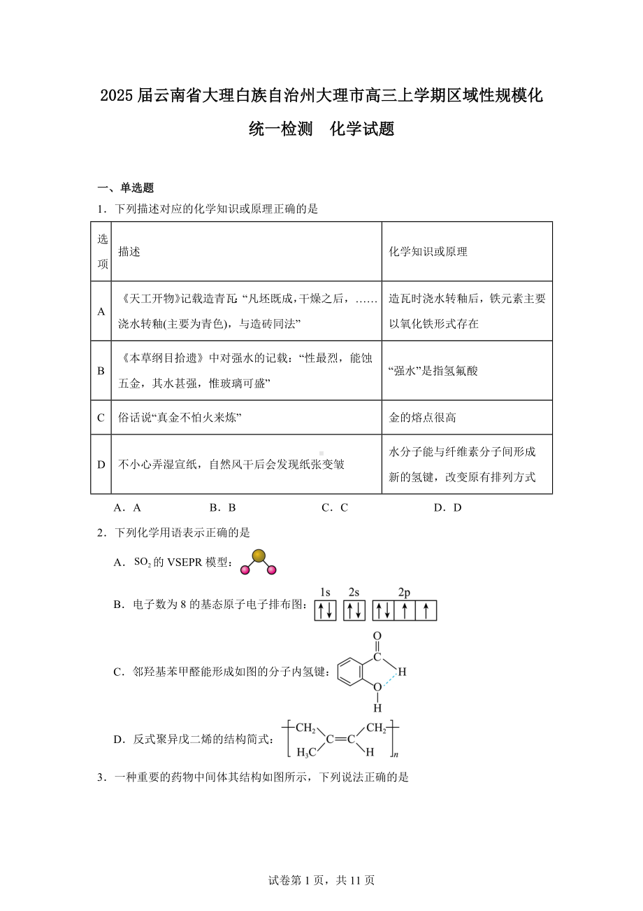 2025届云南省大理白族自治州大理市高三上学期区域性规模化统一检测化学试题.docx_第1页