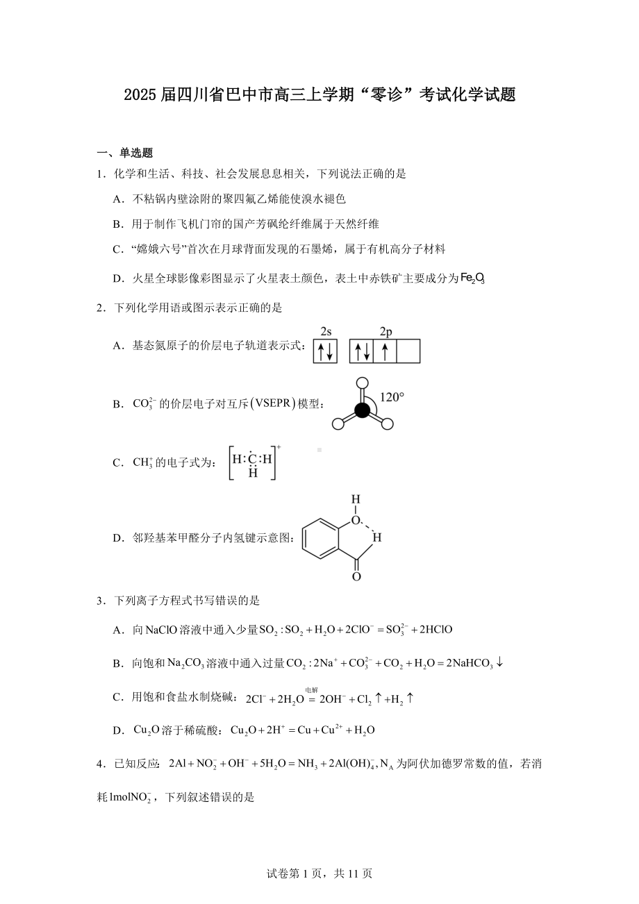 2025届四川省巴中市高三上学期“零诊”考试化学试题.docx_第1页