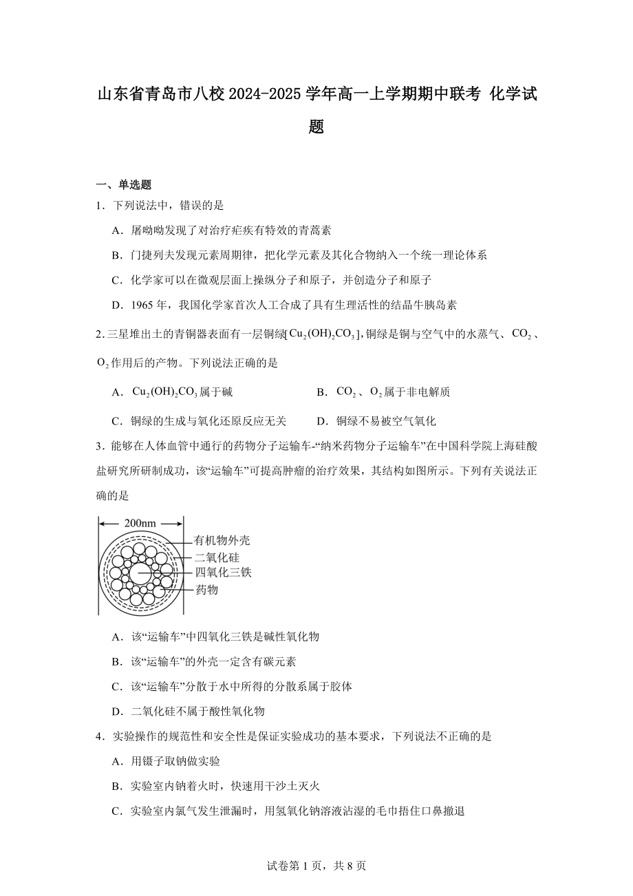 山东省青岛市八校2024-2025学年高一上学期期中联考化学试题.docx_第1页