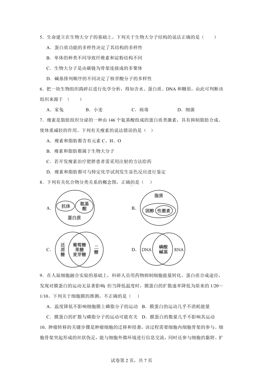 新疆维吾尔自治区伊犁州直和兵团第四师、第七师2024-2025学年高一上学期11月期中生物试题.docx_第2页